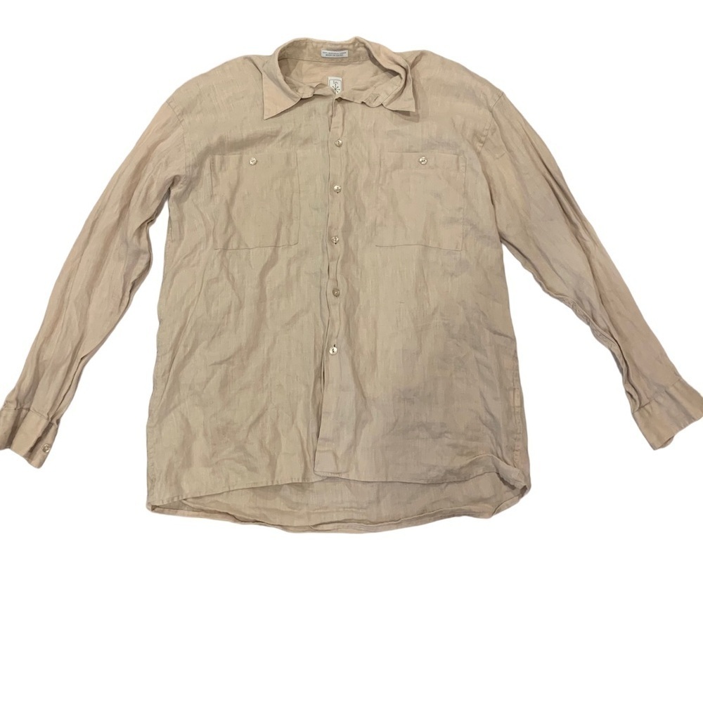 Burma Bibas 100% Natural Linen Button Up Shirt Tan/Beige Oversized Blouse (L/XL)
